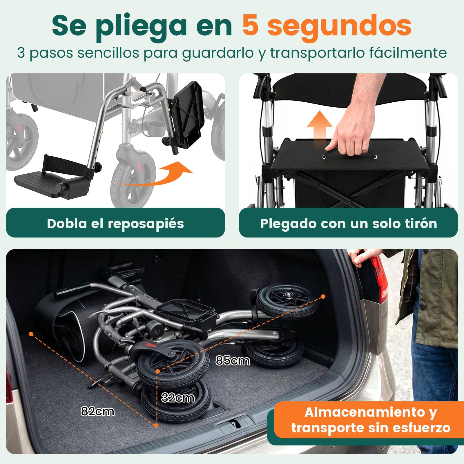 Andador con asiento, 2 en 1 de 4 ruedas y Silla de transporte, Soporta hasta 136 kg, Ruedas TPU de 8"" delanteras y 10"" traseras, Doble freno, Plegable, Altura ajustable, Bolsa almacenamiento, Gris
