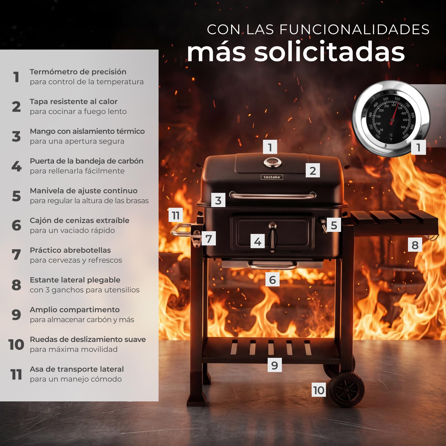 tectake® Barbacoa de Carbon con Tapa, Parrilla Barbacoa Carbon, BBQ Grill, Bandeja Regulable, Termómetro y Ruedas, con Ahumador de Alimentos, Asador de Carne - 64 x 110 x 104 cm