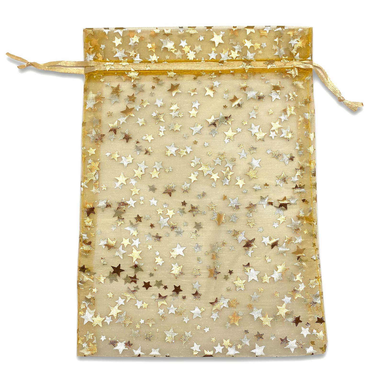 100-Pack 6x8 Sheer Organza Drawstring Gift Bags (Large) - Metallic Stars (Gold/Gold) - Wedding Party Favors, Jewelry, Candy, Treats Mesh Pouch by The Display Guys