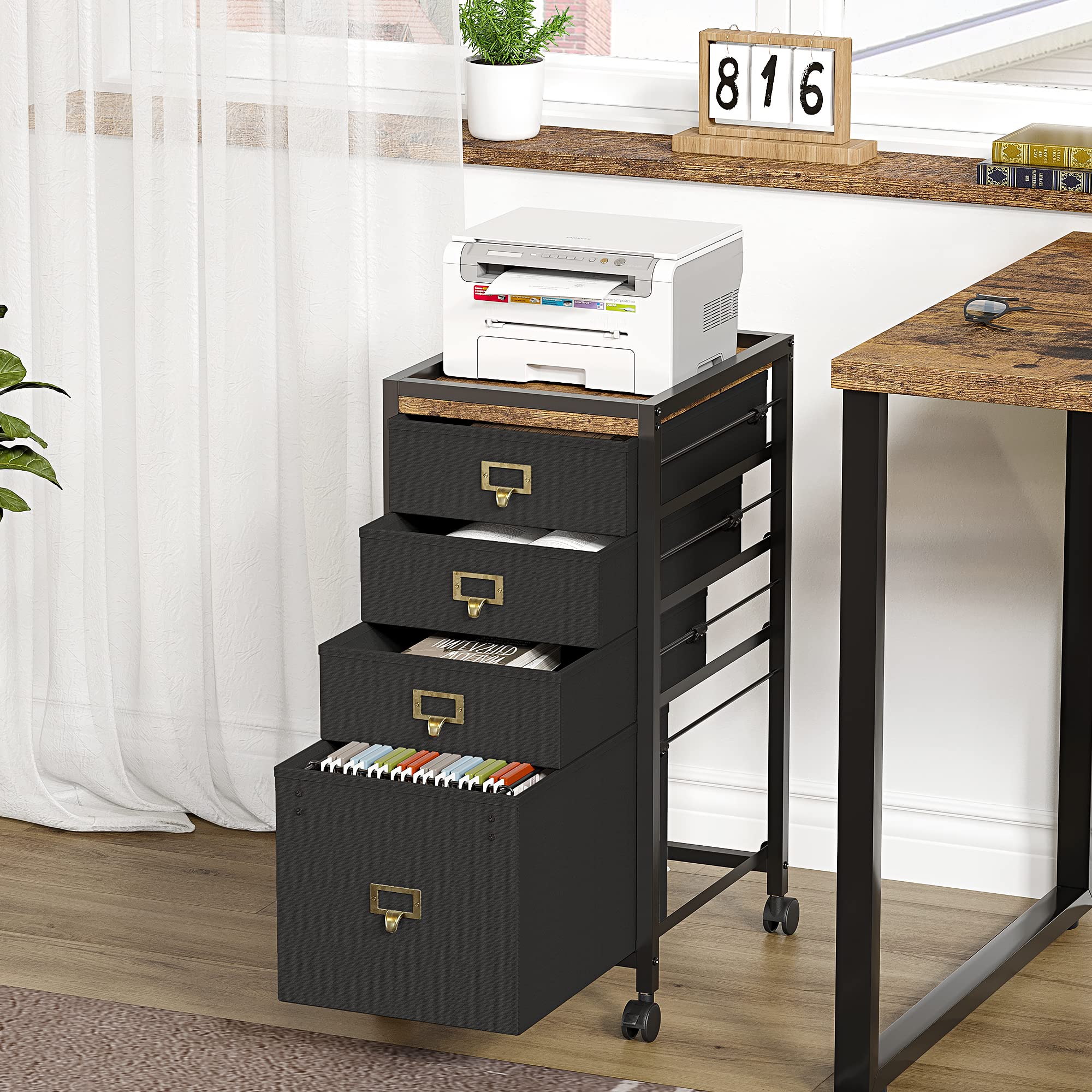 IDEALHOUSE Platzsparender mobiler Aktenschrank – Vertikaler Rollcontainer mit 4 Schubladen – Für A4/Letter-Format – Mit Rollen & Stabiler Stoffoberfläche – Ideal für Home Office und unter dem