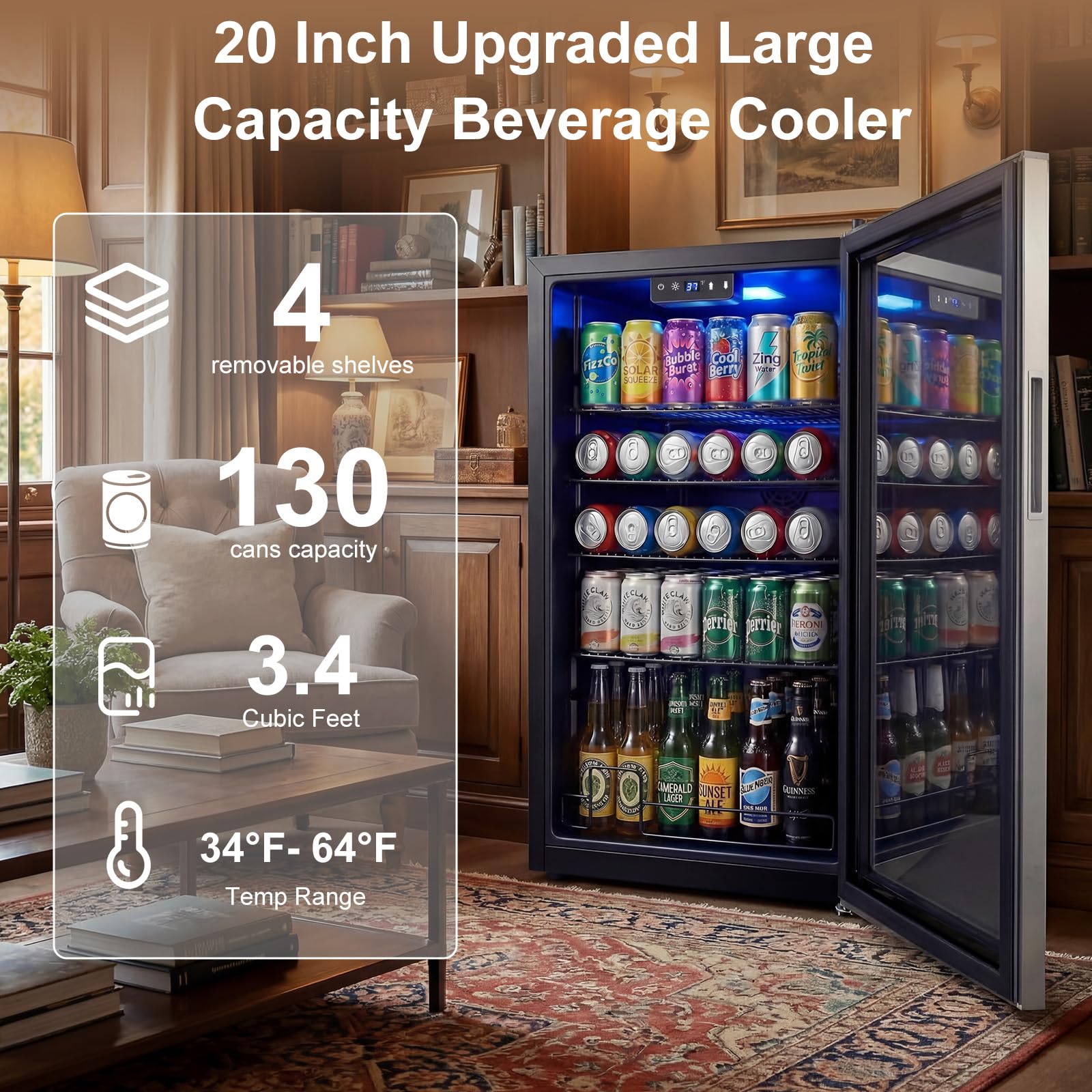 Velieta 20 Inch Beverage Refrigerator, Mini Fridge With Glass Door For Soda Beer– 130 Can Small Fridge For Home Office Bar, 3.4 Cu.Ft Drink Cooler With Reversible Door, Digital Temperature Control on Fridge.com - View 2