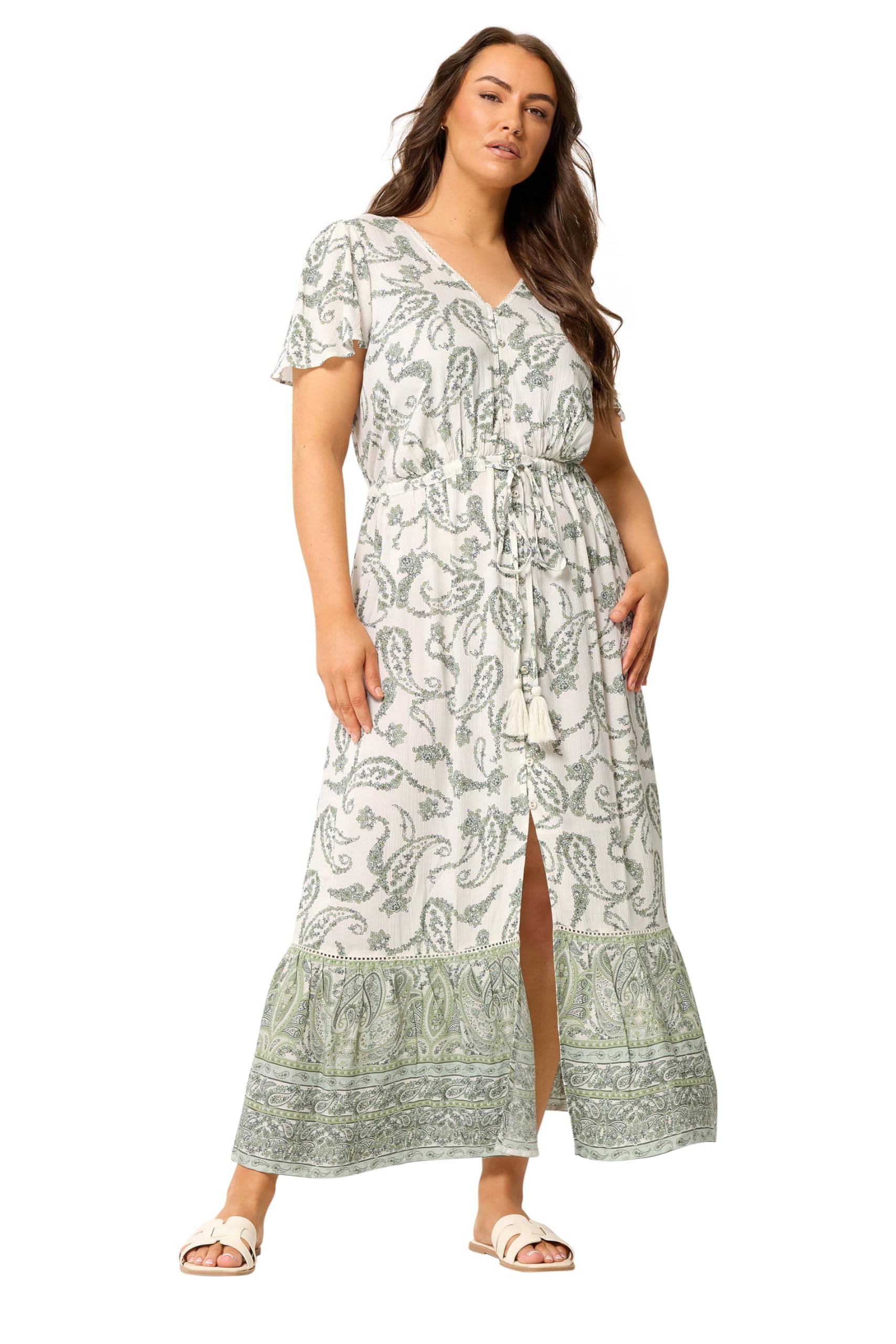 Yours Women's Light Green Paisley Border Detail Dress In | Size: 26/28