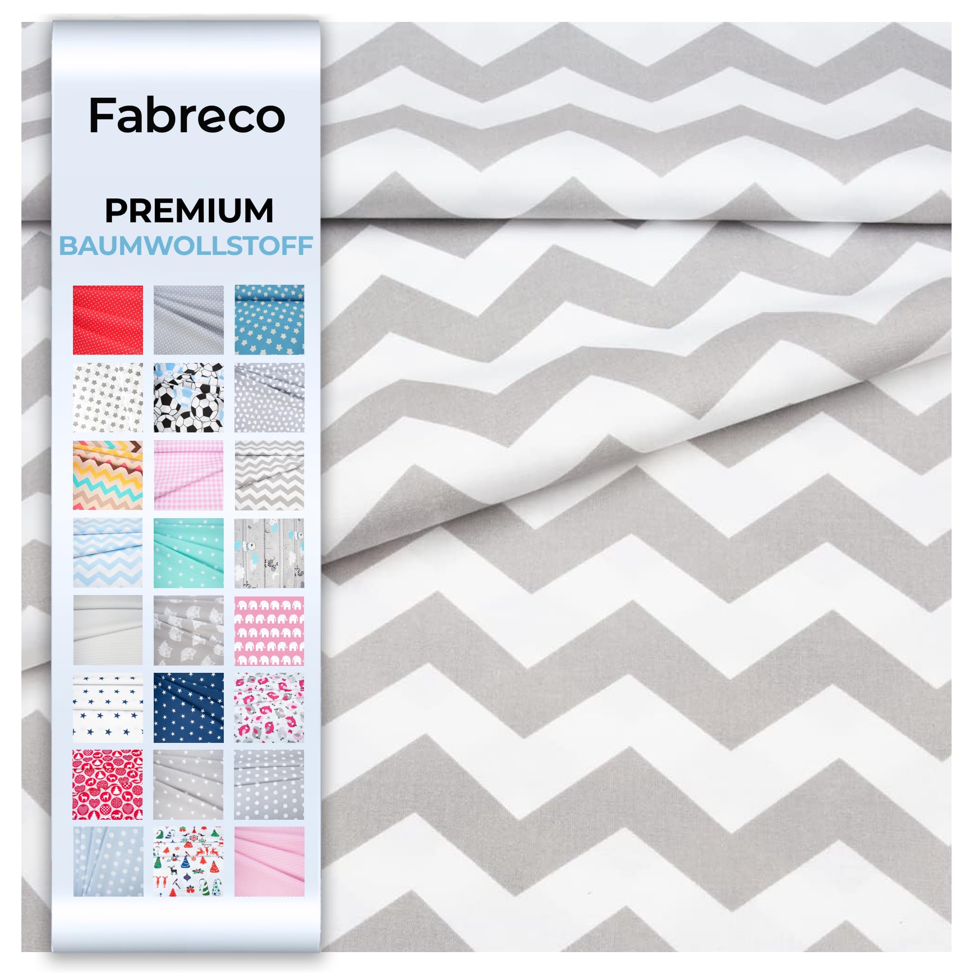 Fabreco - Baumwollstoff Meterware - 220g/lfm | Stoff Meterware mit Muster: Zickzack grau 1,5 cm | Weich, langlebig & hautfreundlich