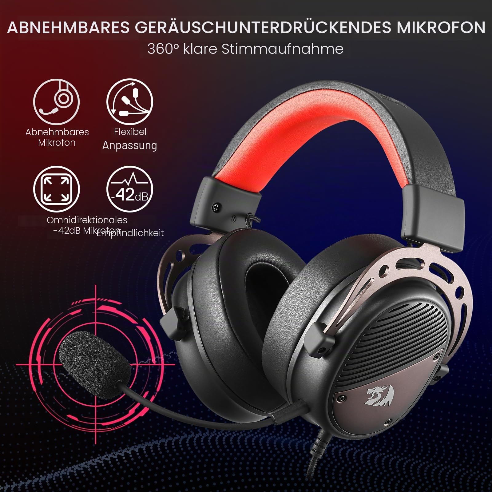 Redragon H730 USB Gaming Headset Kabel 53mm 360° Raumklang | kabelgebundenes Gaming Headset abnehmbares Mikrofon magnetische austauschbare Ohrpolster Over-Ear PC PS