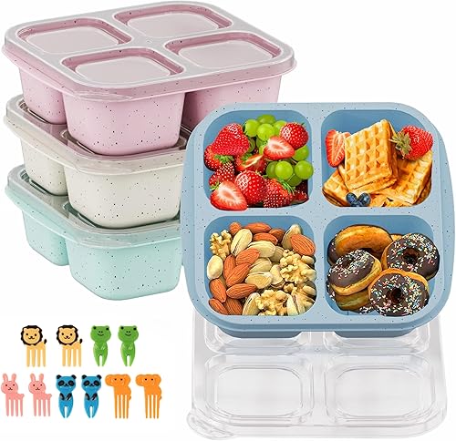Miniatura 1 de Paquete de 4 cajas Bento para aperitivos, cajas Bento reutilizables para niños con 4 compartimentos y tenedor, recipientes de almuerzo para niños y