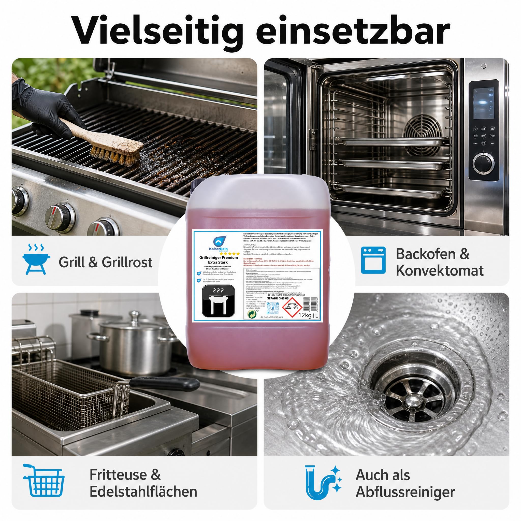 KaiserRein Grillreiniger Premium Extra Stark, Konzentrat im 10 L Kanister, Backofenreiniger für Gastronomie, Krustenlöser für Grillrost, Konvektomat und Fritteuse, kalt anwendbar, Made in DE