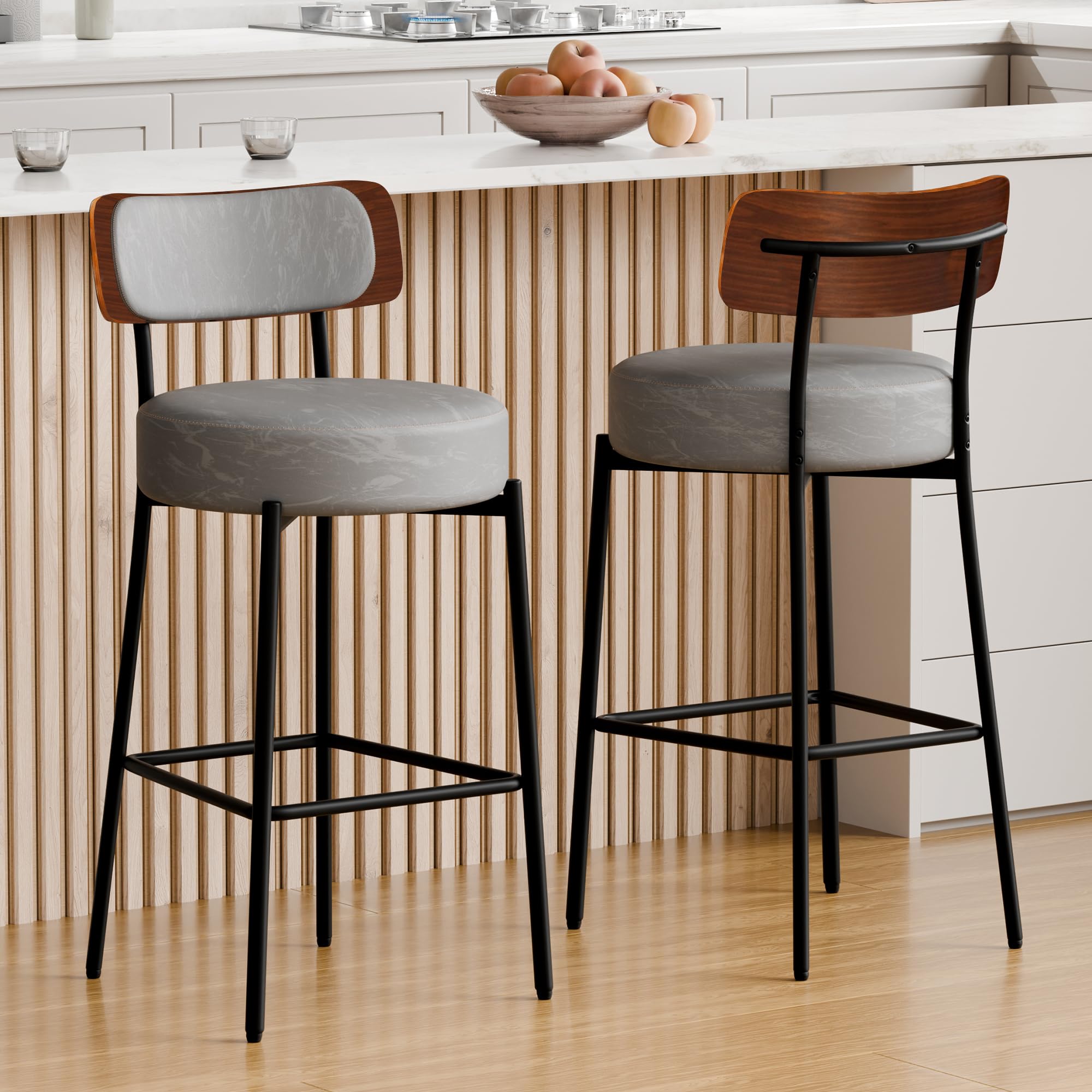 Grey Bar Stools Set of 2,Leather 24 inch Counter Stools with Wood Back,Modern Counter Height Bar Stools, Upholstered Barstools for Kitchen Island Bar
