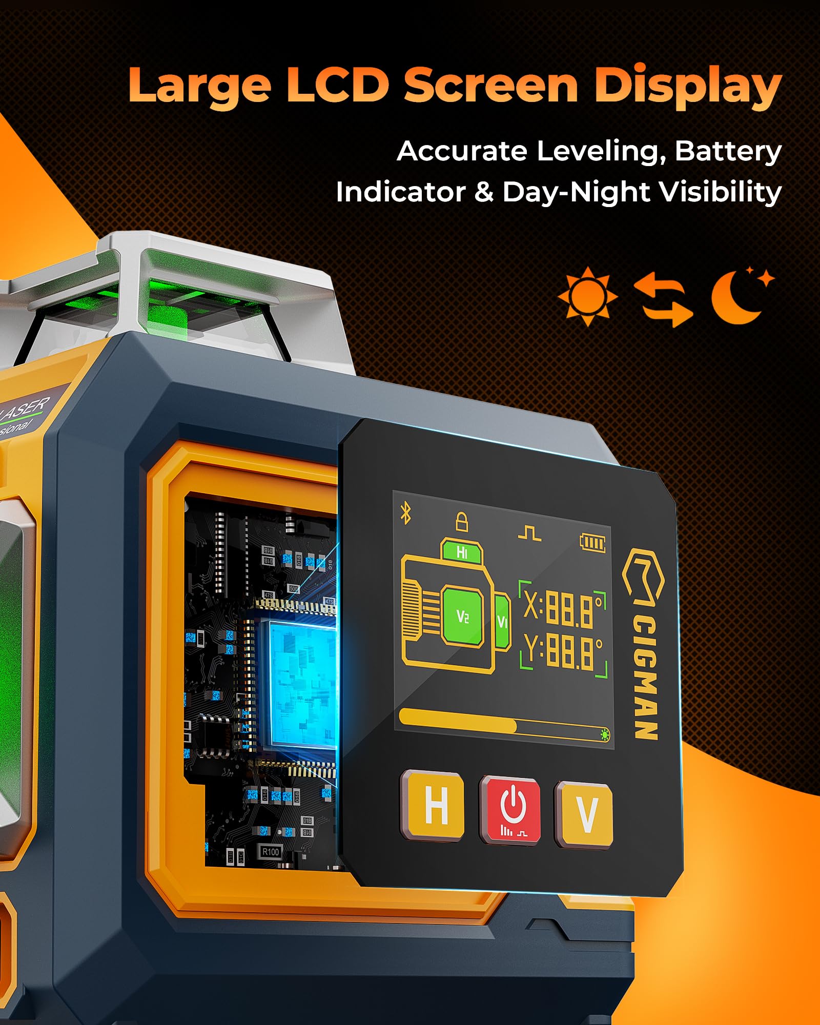 CIGMAN Niveau Laser 360 Autonivelant 3x360°, Laser Vert Chantier avec Grand Écran LCD Latéral, Contrôle APP Bluetooth, Support Magnétique en L, 2 Batteries Li-ion, Laser Niveau