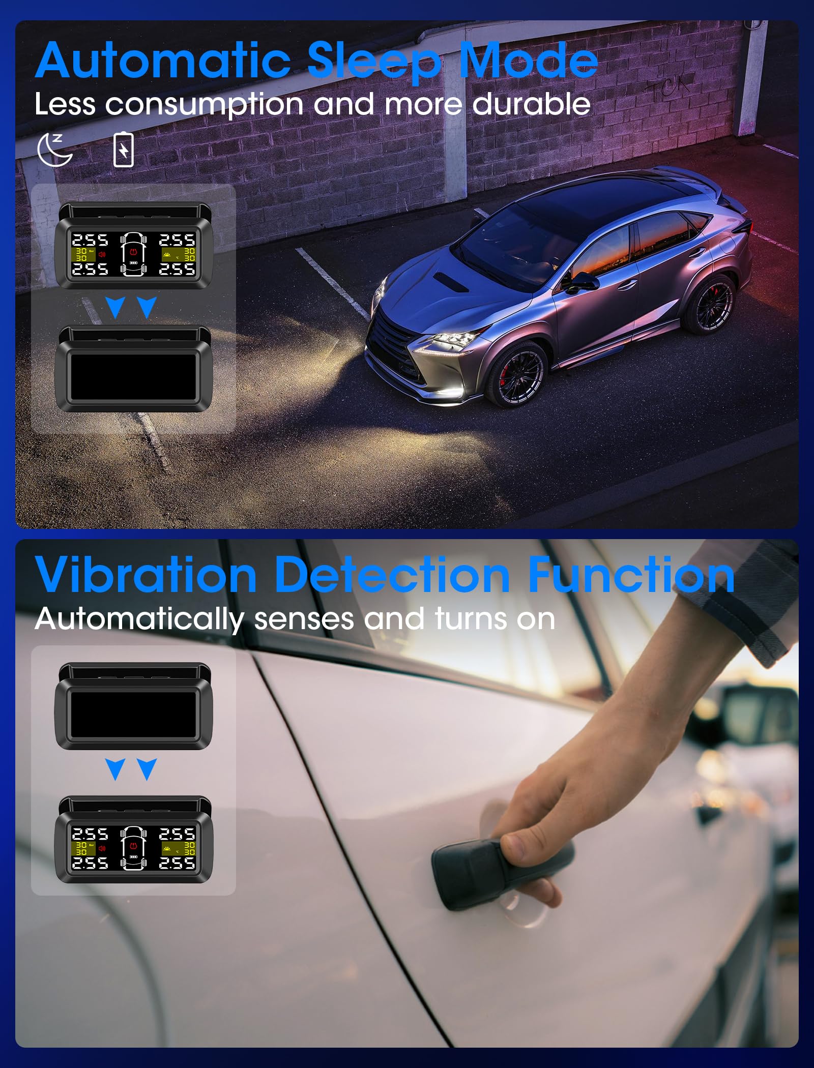 Vtopek TPMS Reifendruckkontrollsystem 3,5-Zoll Solar Reifendruckkontrollsystem mit 4/2-Rad-Modi 0,01 Bar Hochpräzise Abnehmbare Wireless TPMS Echtzeiterkennung Reifendrucksensoren Auto für Van SUV