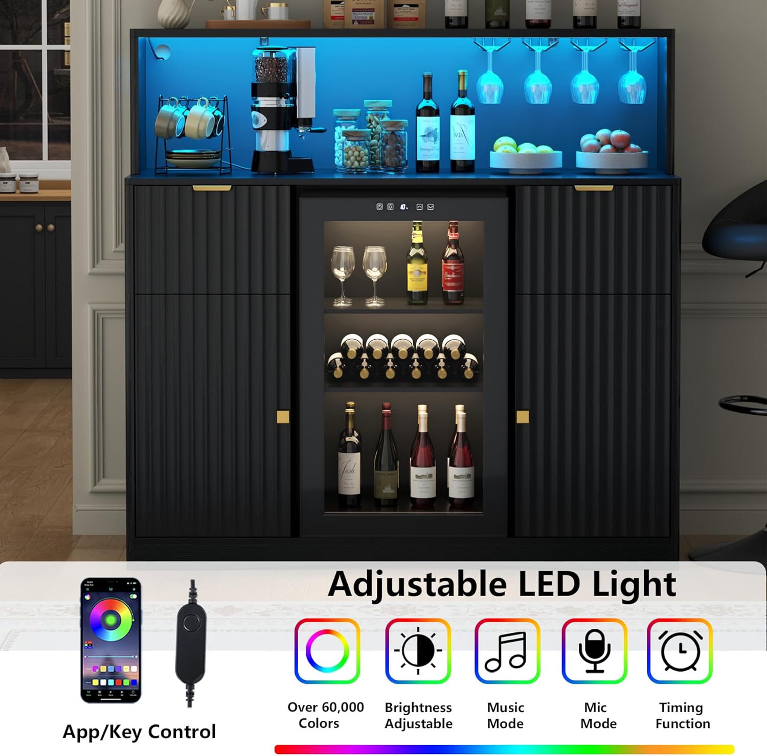 Wine Bar Cabinet with Fridge Space, Black Coffee Bar Cabinet with Power Outlet & Led Light, Fluted Mini Fridge Cabinet with Storage Drawers & Doors, Modern Whiskey Cabinet for Dining Room