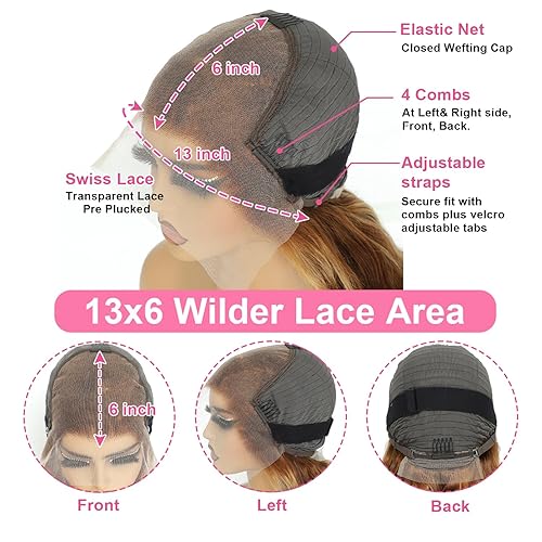 Miniatura 6 de Pelucas de cabello humano ondulado profundo de 24 pulgadas con encaje frontal de 13 x 6 pulgadas, prearrancadas #4/27, con reflejos degradados,