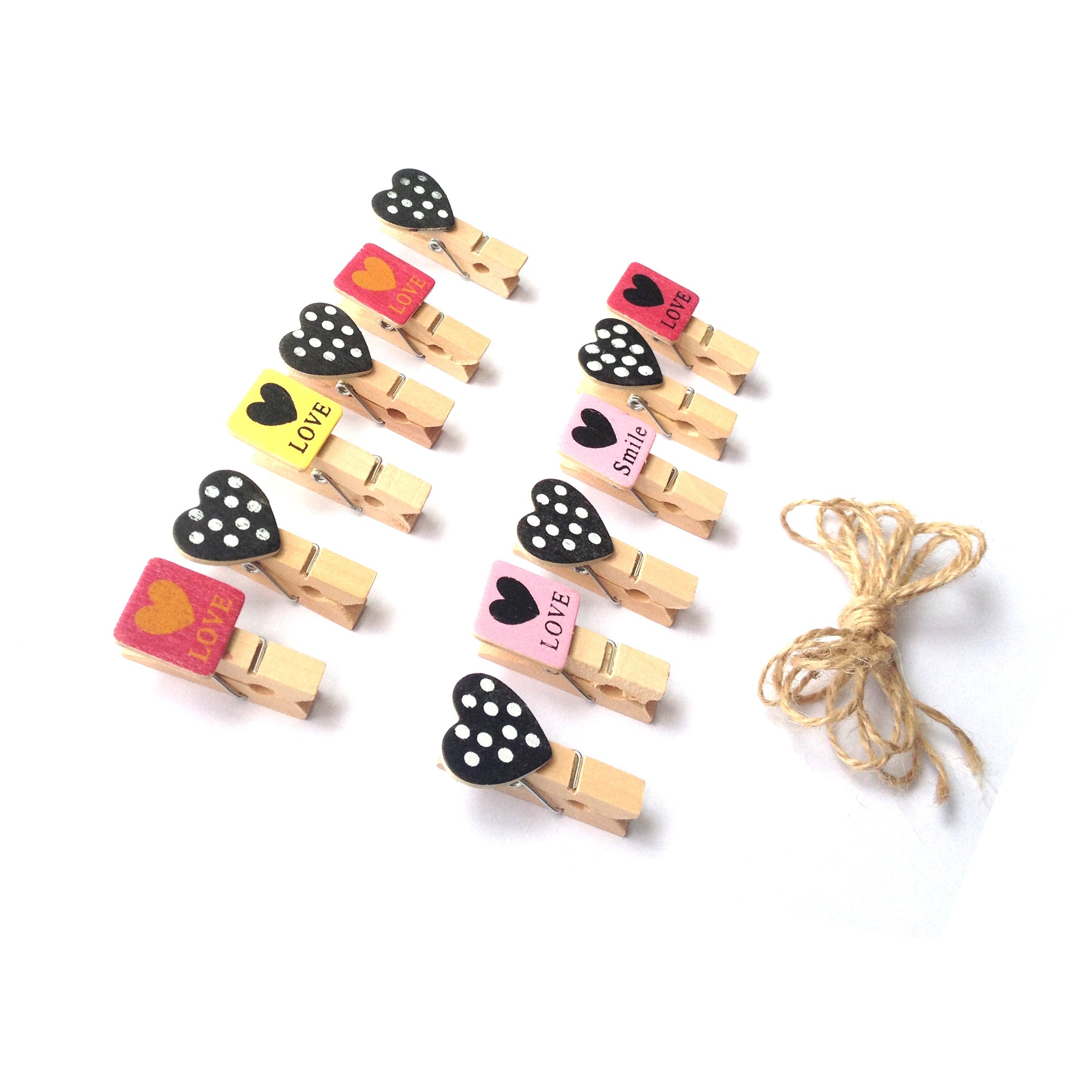 LWR CRAFTS Wooden Mini Clothespins Love and Heart Tropical 24 Pieces and Jute Cord 2.4m, 3.5cm - Image 2