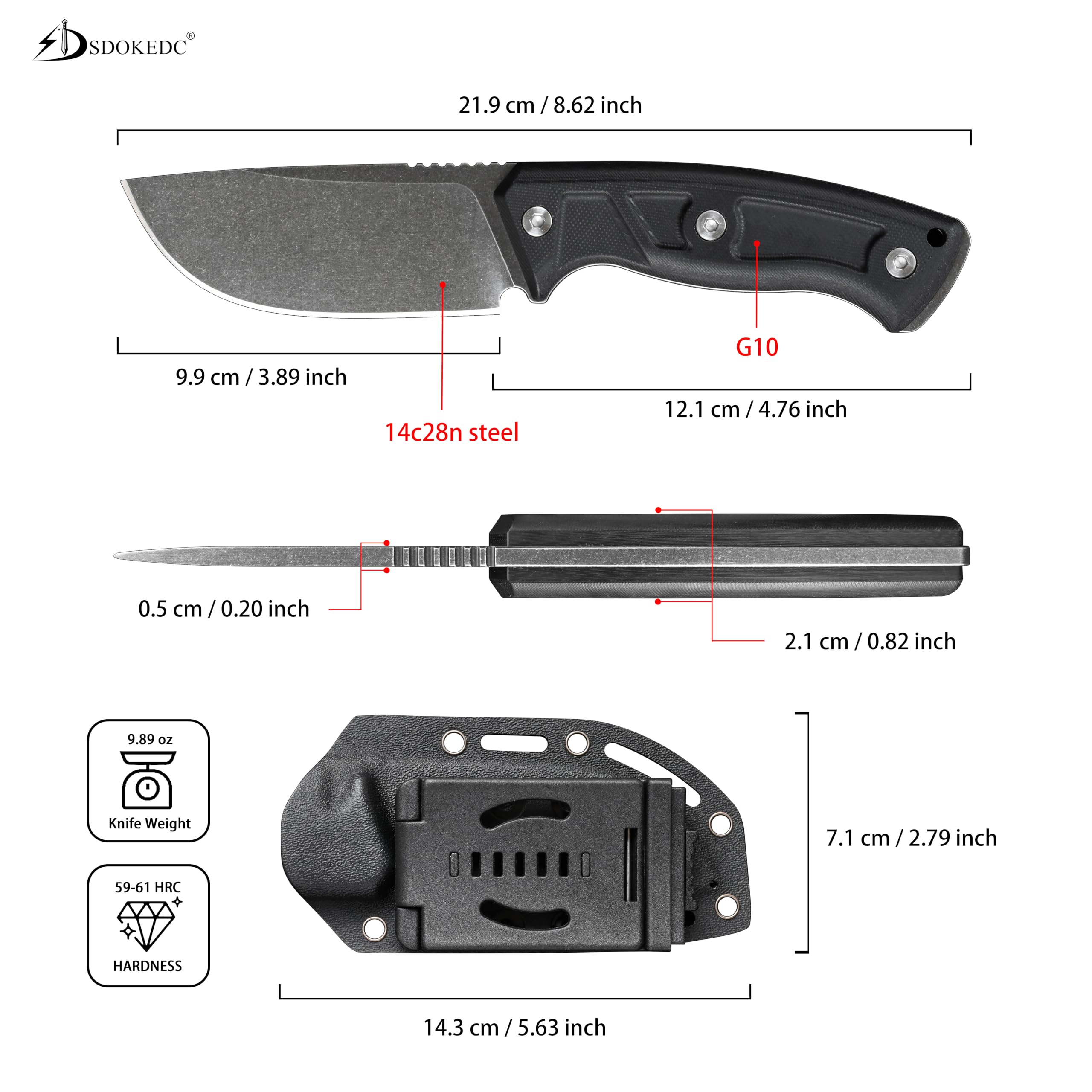 SDOKEDC Knives 14C28N Steel Fixed Blade Tactical Knife with kydex sheath for Men EDC Outdoor Camping Survival Hunting (Black stone wash+black G10 handle)