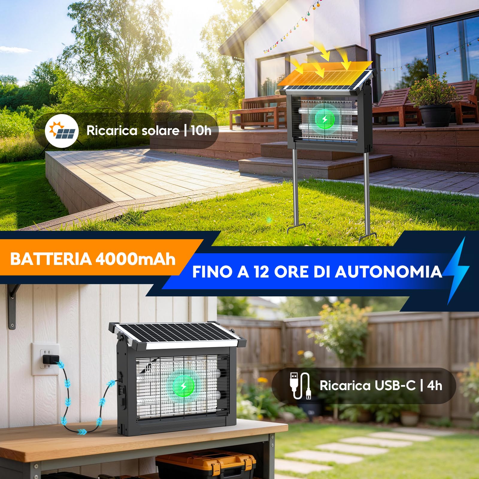 Lámpara Antimosquitos Solar de Exterior, Mata Mosquitos Eléctrico 4500V, Impermeable IPX5, Recargable USB-C, Batería de 4000mAh, Sin Cables con Estaca para Jardín, Césped