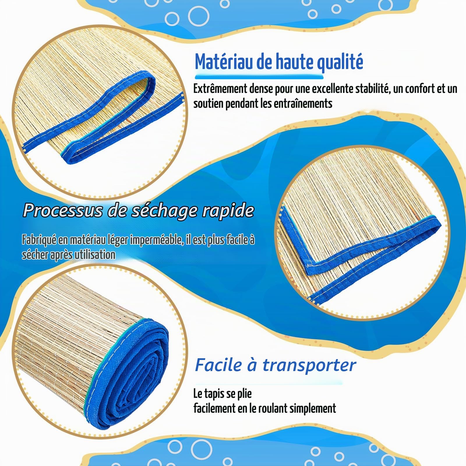 Qunclay Lot de 4 tapis de plage en paille imperméables, antidérapants, pliables et légers avec bordure pour camping, bain de soleil, pique-nique, yoga (bleu, rouge, 177,8 x 61 cm)