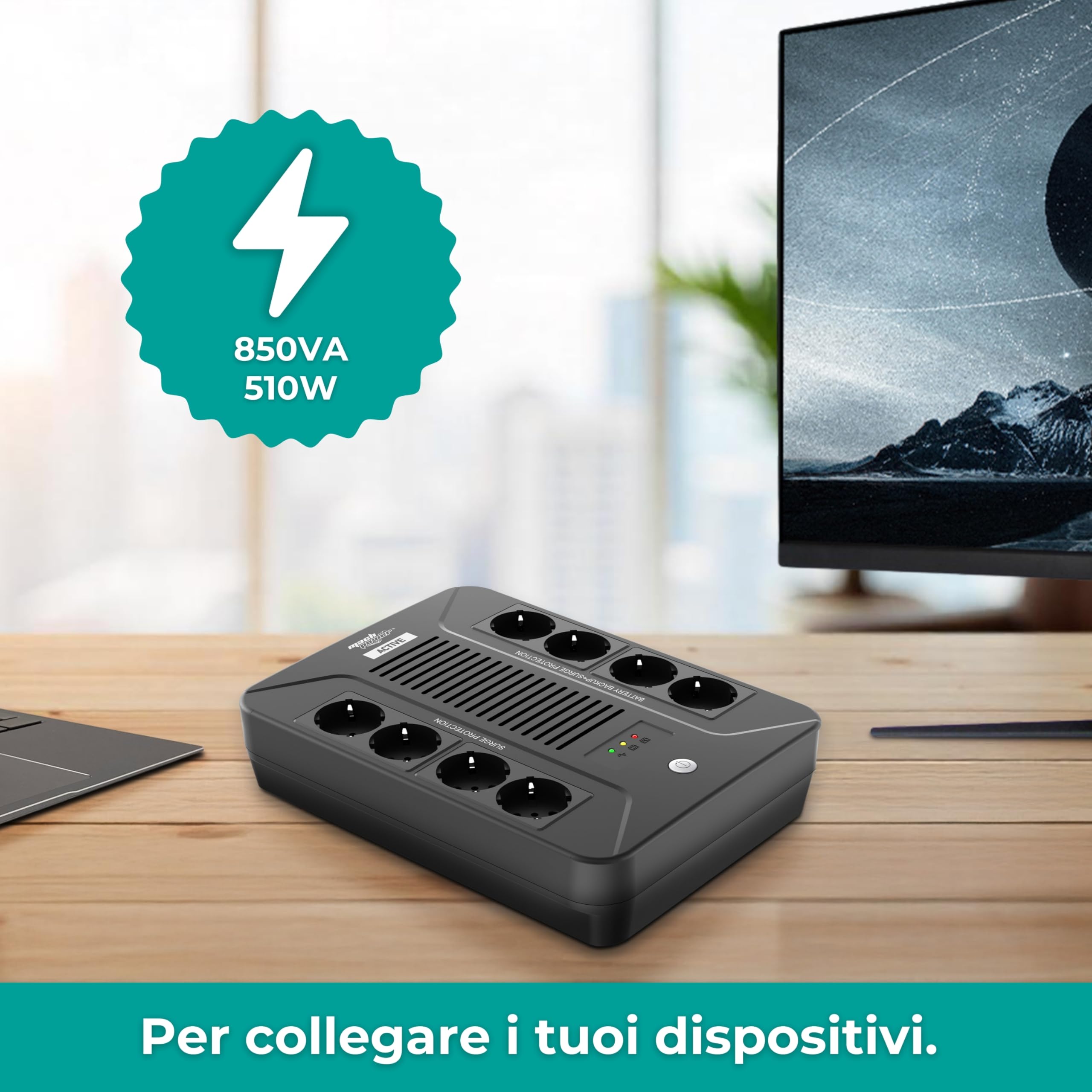 UPS Line Interactive 850VA/510W – 8 Prese Schuko, Batteria 12V 8Ah, Protezione Sovratensioni, Porta USB e TEL/MODEM, Software UPSmart incluso (UPS-LIT85PLUG)