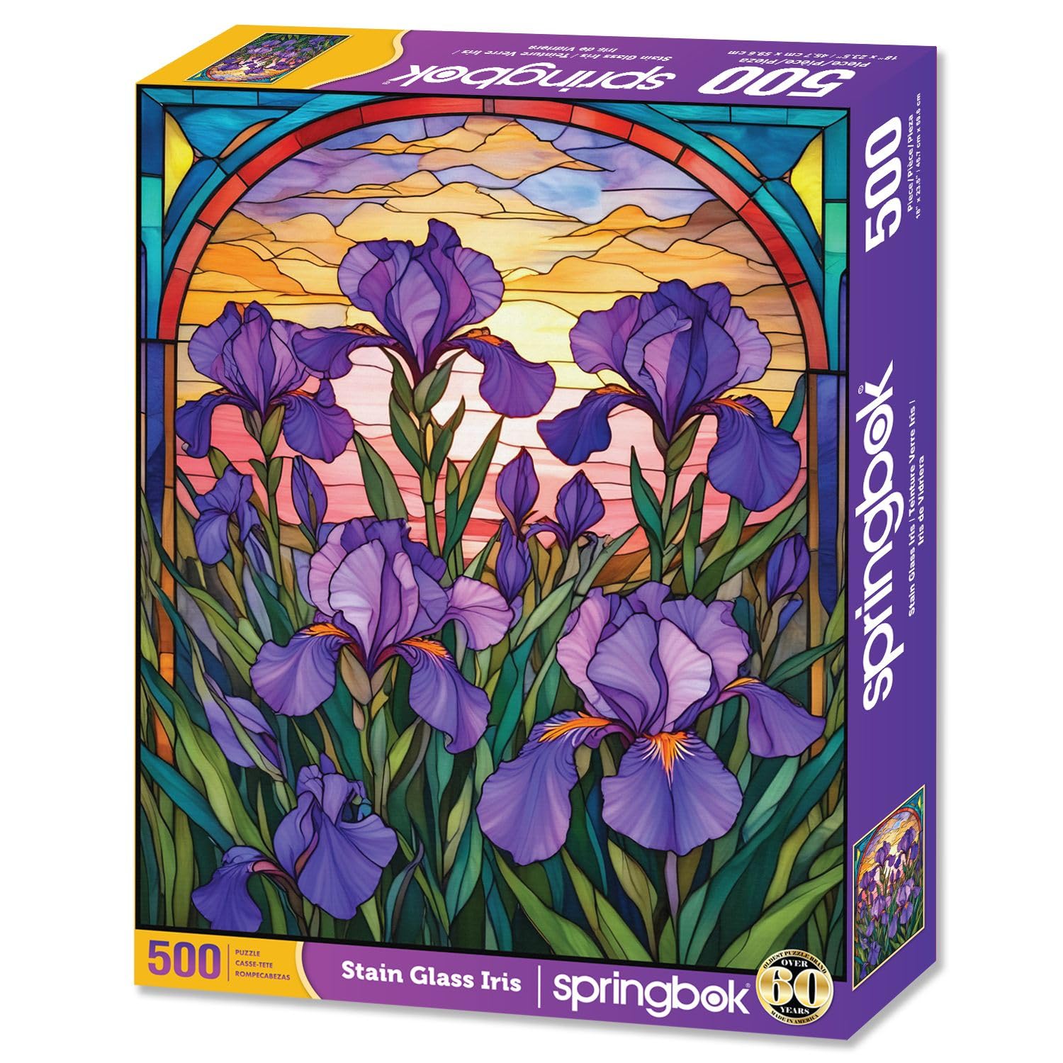 Springbok Stained Glass Iris 500 Piece Jigsaw Puzzle for Adults - Floral Design of Purple Iris in a Stained Glass Style- Relaxing and Vibrant