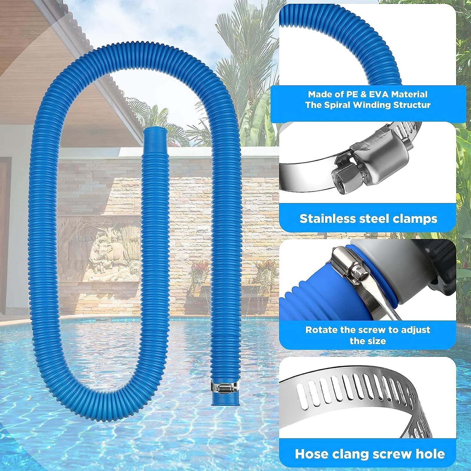 Tubo para filtro de piscina, 2 piezas de manguera de repuesto, tubos de 1,5 m con 4 abrazaderas metálicas