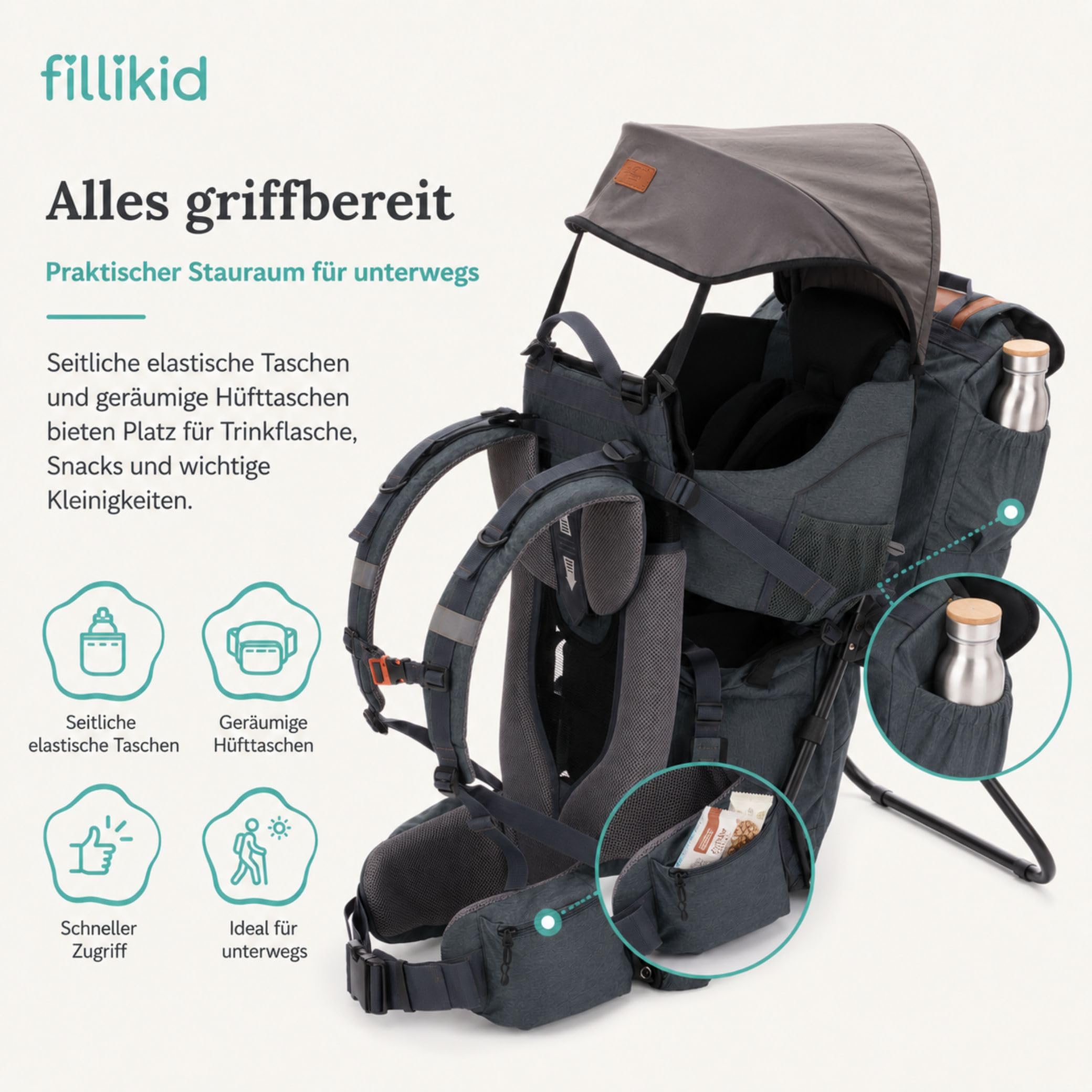 Fillikid Premium Babytrage Rückentrage Baby | Rücken Babytrage mit Sonnendach & großen Staufächern | Kraxe zum Wandern mit Baby Kleinkind | Tragesitz bis 20 kg | Kindertrage Ultra leicht