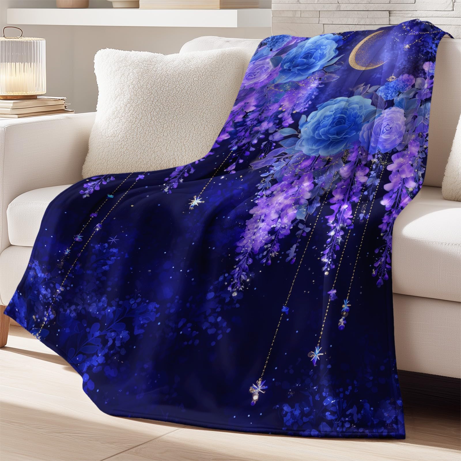 Przytulny koc 180 x 200 cm – przytulny koc do mieszkania, fantazyjny, romantyczny koc polarowy, miękki i ciepły, gwiaździste niebo, kwiaty, koc do mieszkania, flanelowy, puszysty koc