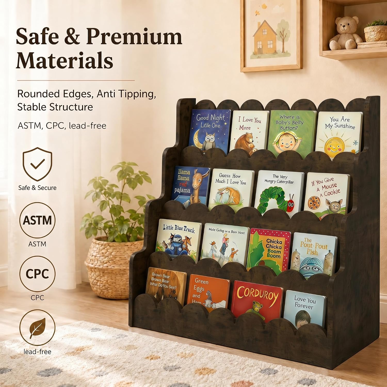 NACHES 4-Tier Montessori Kids Bookshelf Display Rack Large Rustic Brown