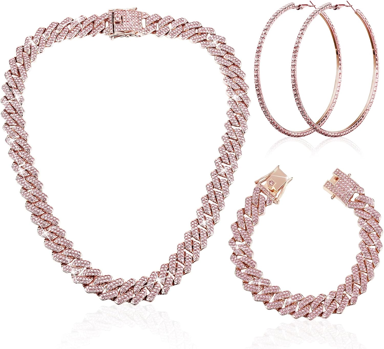 Batiyeer 3 Pcs Cuban Link Chain Necklace Bracelet Rhinestone Hoop Earrings Bling Crystal Hip Hop Jewelry for Women(16 Inch,Rose Gold Pink)
