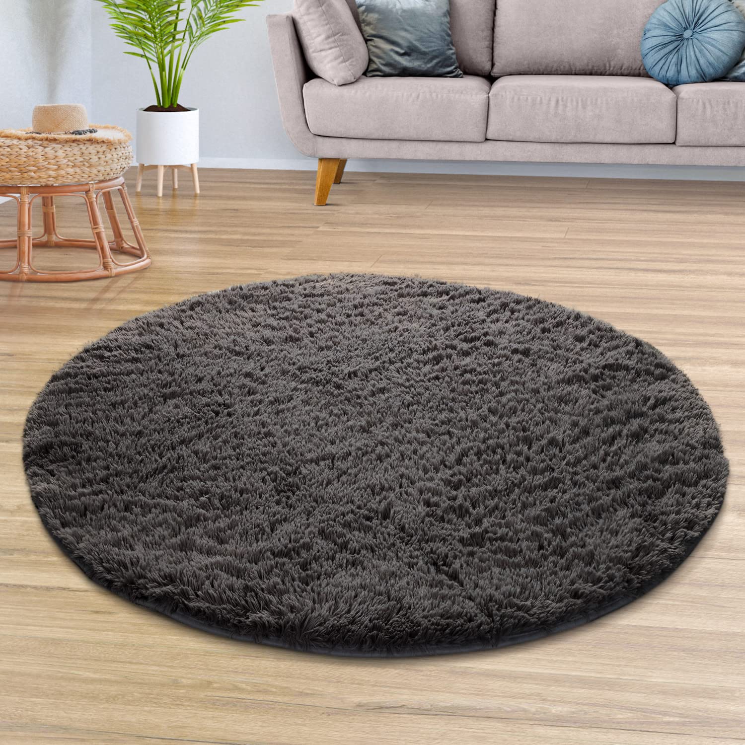 TT Home Teppich Wohnzimmer Hochflor Langflor Weich Soft Modernes Einfarbiges Design, Farbe: Grau Anthrazit, Größe:120 cm Rund