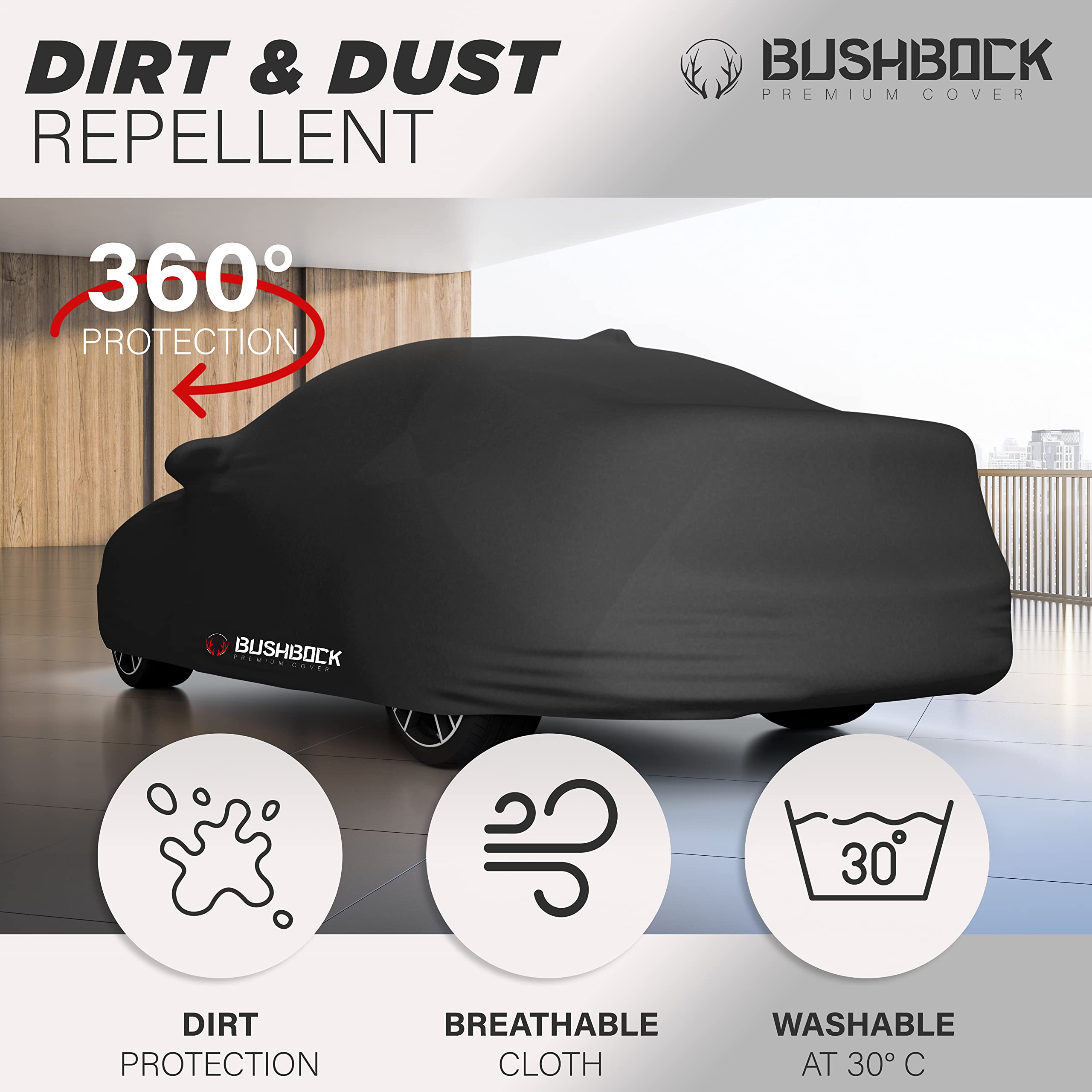 BUSHBOCK Premium Housse de Voiture d'intérieur Compatible avec Les principales Voitures, Tissu Élastique, Respirant et Anti-Poussière, Doublure Douce, Ajustement Serré (Noir, M)