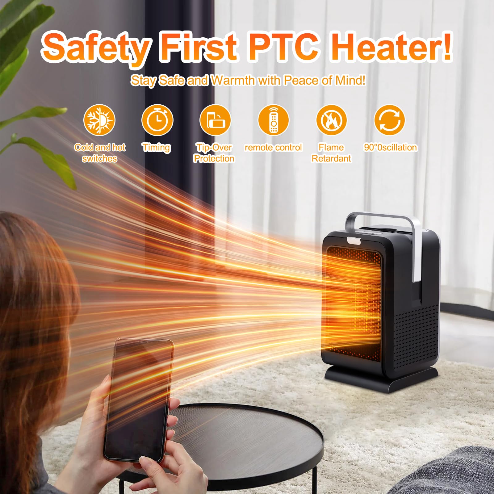Calentador de espacio para uso en interiores, calentador eléctrico de cerámica PTC de 1000 W para interiores con control remoto, oscilación de 90°, calentador de seguridad rápida, calentador de 2