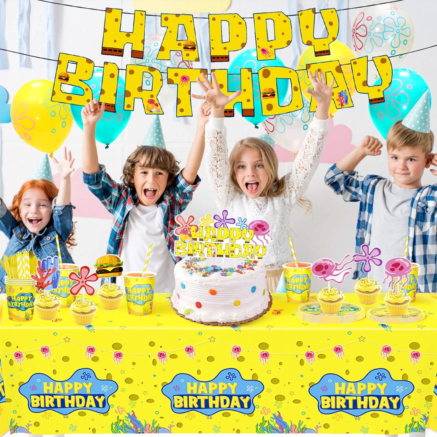 199Pcs Yellow Birthday Decorations Tableware Yellow Cartoon Under-the-Sea Party Supplies Include Banner Balloons Plates Napkins Cups tablecloth Cupcake Toppers and Cake Topper for Party Decor Sever 24