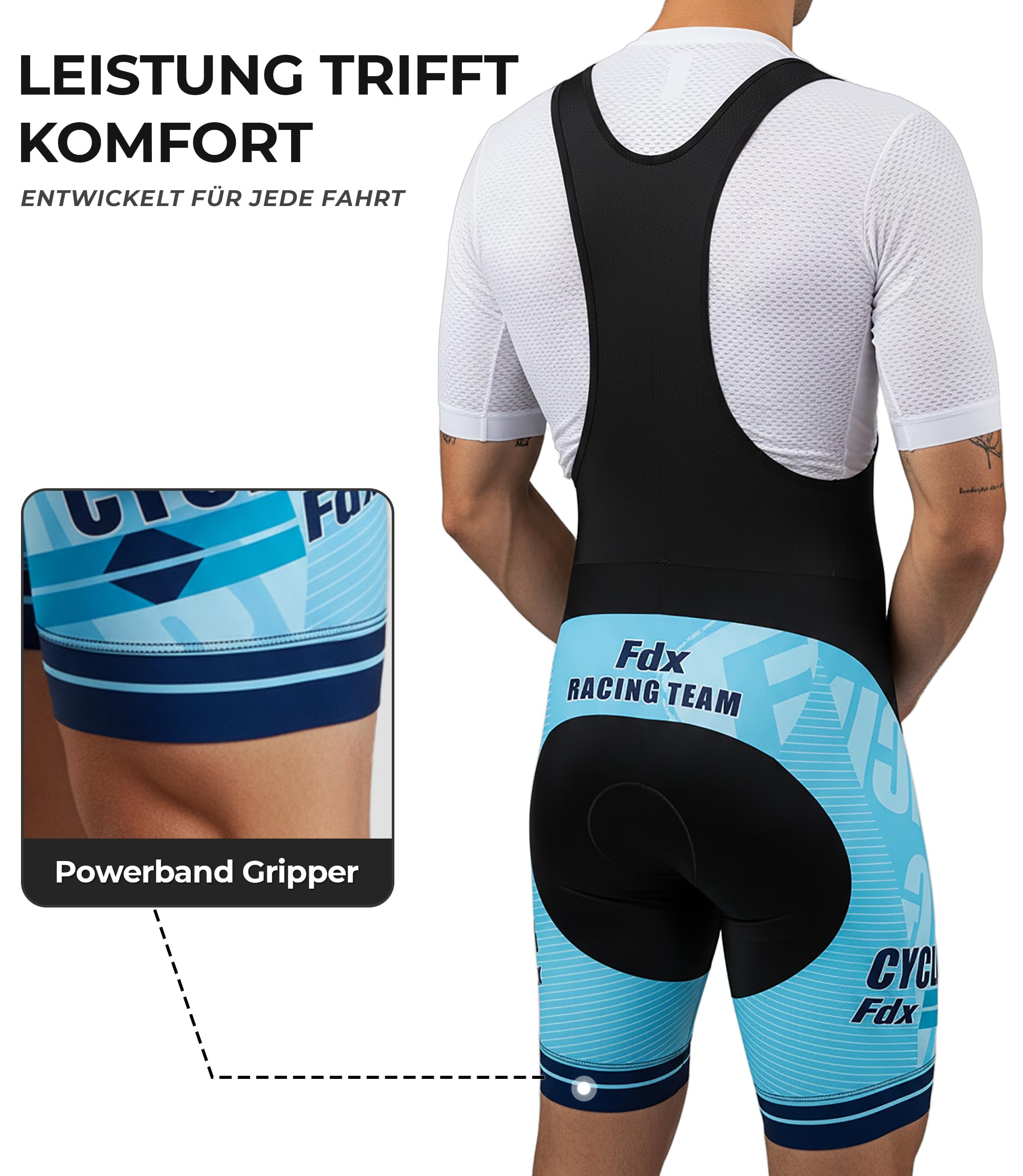 FDX Bib Shorts Herren Kurz 3D Gel Polster mit Mesh Träger | Silikon Beinabschlüsse Atmungsaktives Material Ergonomische Passform für Rennrad MTB Gravel Touren und Training