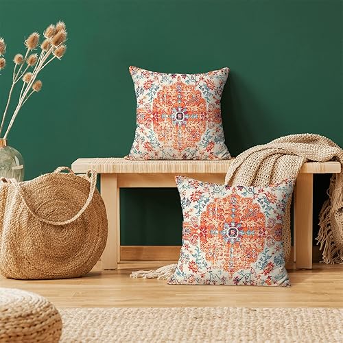 Miniatura 2 de AEIOAE Juego de 2 fundas de almohada bohemias de 20 x 20 pulgadas, fundas de almohada con patrón de alfombra, diseño étnico naranja azul para