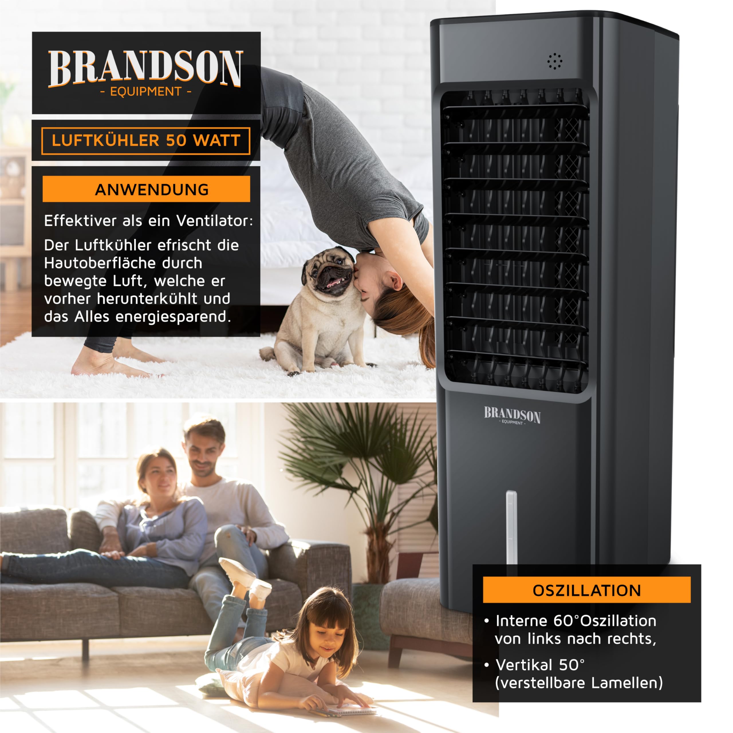 Brandson - Luftkühler mobil mit Wasserkühlung - Preisträger 2025 - Mobile Klimaanlage ohne Abluftschlauch - Luftbefeuchter Ventilator Standventilator - leise - Verdunstungskühler