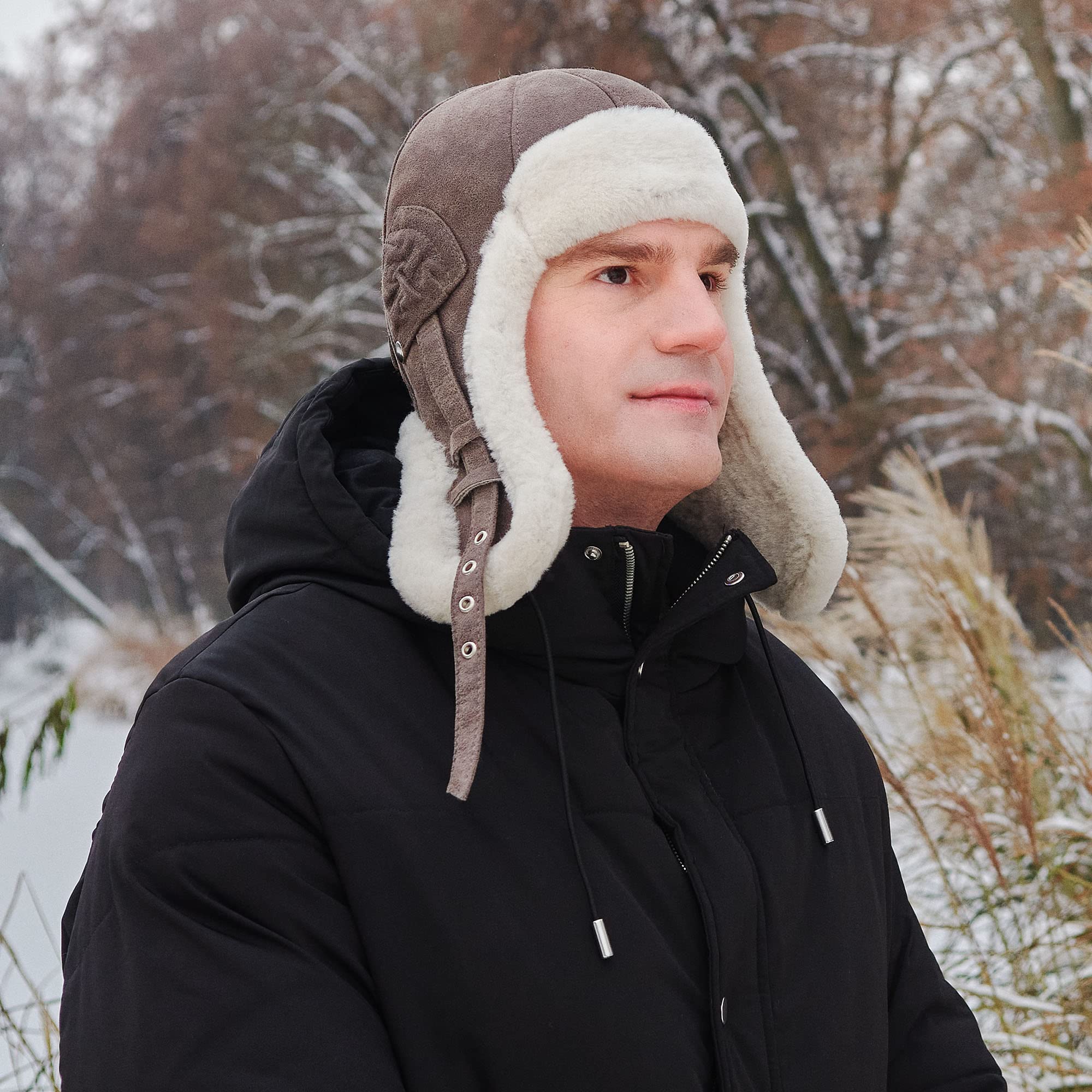 Sterkowski Bomber Aviatormütze | Hochwertige Lamfell Wintermütze | Trappermütze für Herren und Damen