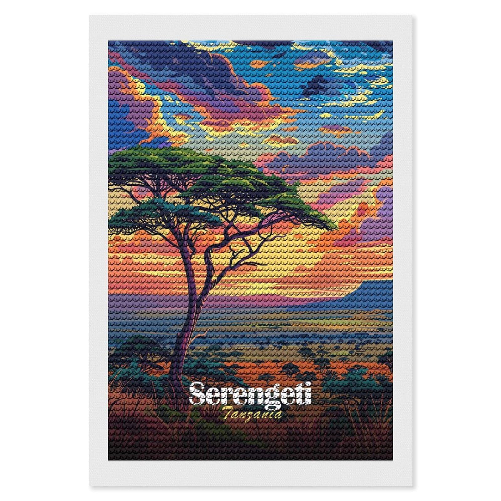 Junmoney Serengeti Sunset Landscape Diamond Painting Kit 8"x12", Easy Handmade Project, Cosy Home Accent, for Craft Lovers, Holiday Gift Idea