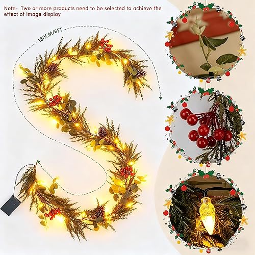 Miniatura 2 de Guirnalda de Navidad preiluminada de 6 pies con 20 luces LED de Navidad con conos de pino de bayas rojas, hojas de eucalipto, decoración navideña