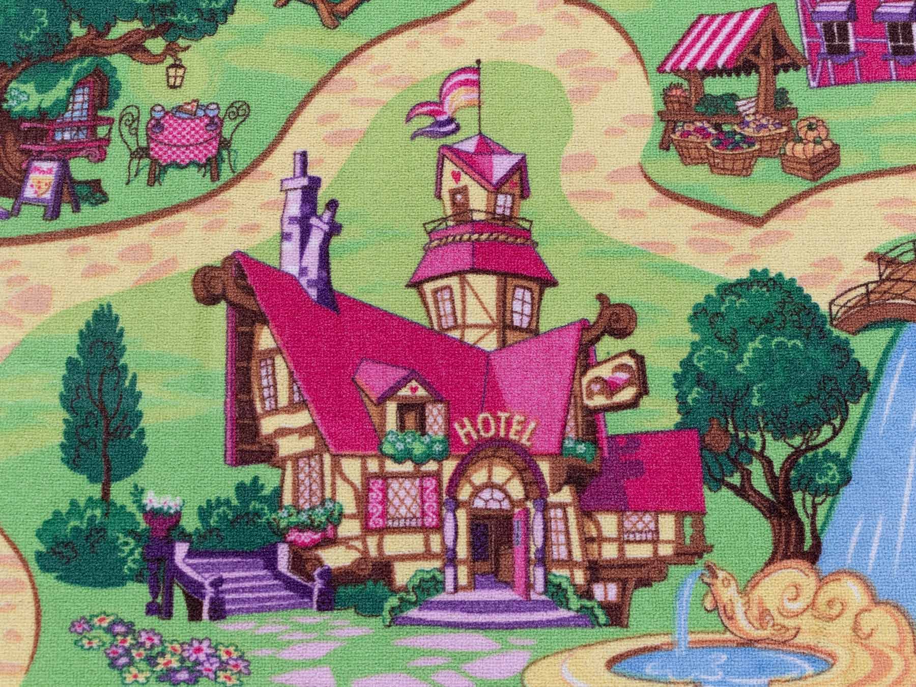 Primaflor Kinderteppich CANDY TOWN rosa 160 x 200 cm Interaktiver Straßenteppich mit Märchenkulisse, kurzflorige Kindermatte mit Straßen und Flüssen, CE geprüft, pflegeleicht, Fußbodenheizung geeignet