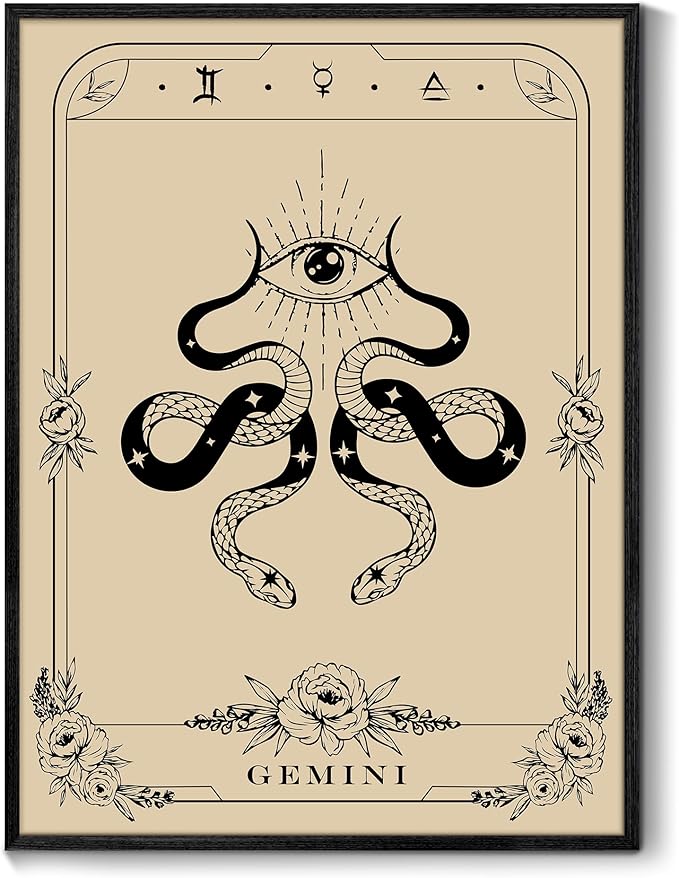 SERIMINO Witchy Framed Wall Art, Gemini Tarot Canvas Prints Paintings, Horoscope Dark Academia Home Decor Aesthetic, 16x24inch Gothic Wall Decor for Room