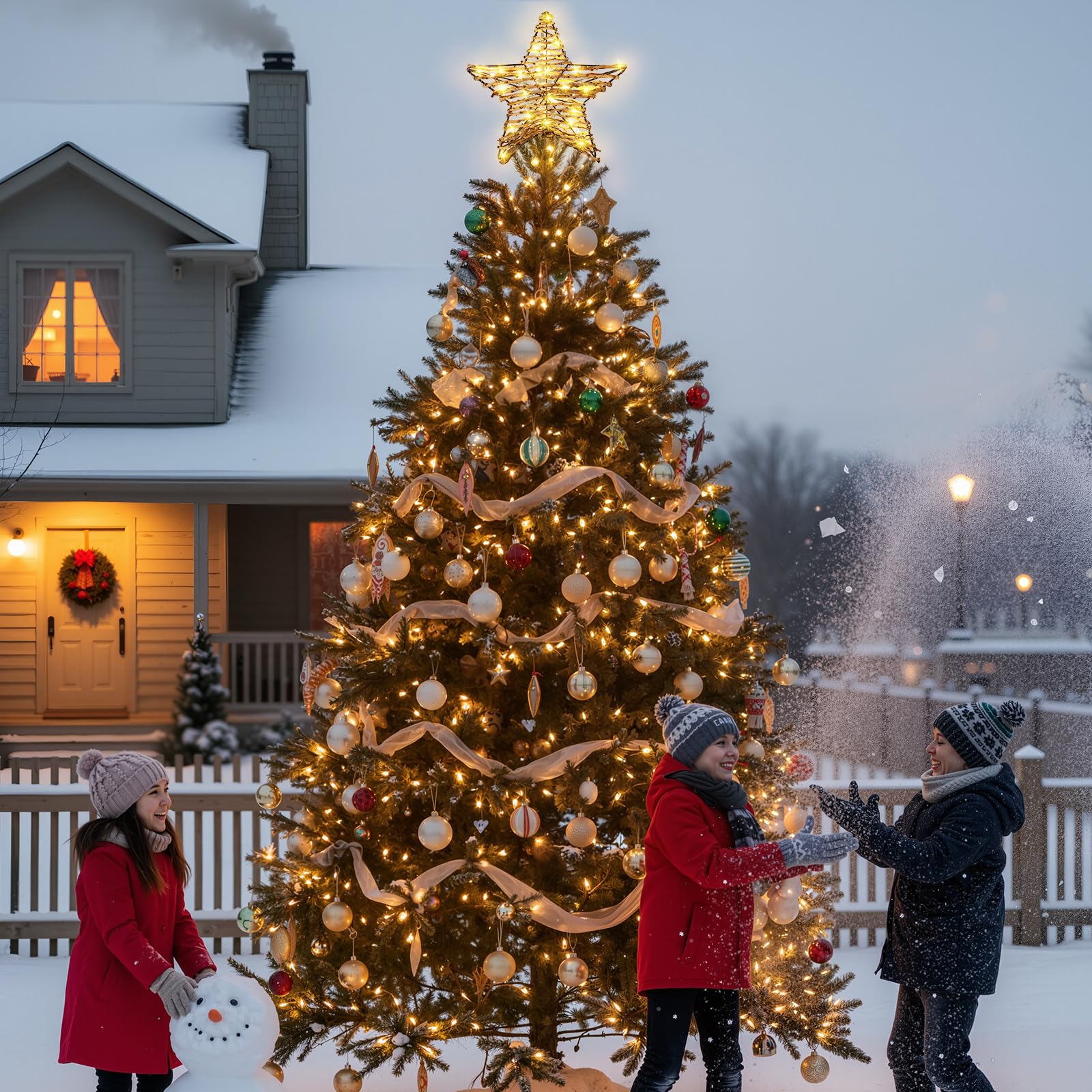 Threan Estrella de ratán de Navidad, 14 pulgadas de arpillera de ratán con luces cálidas, decoración rústica para árbol de Navidad, adorno de árbol de Navidad, fiesta en el hogar en interiores (15