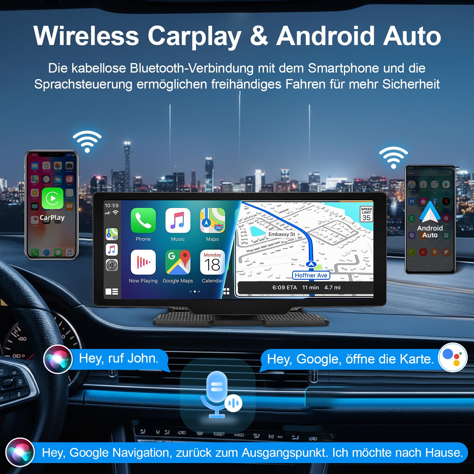 10,26 Zoll Car Play Display - Wireless Android Auto-anzeige Carplay Display mit Navigation 4K Dashcam 1080P Rückfahrkamera IPS Touchscreen Bluetooth Mirror Link Split Screen FM Radio/AUX 64G TF