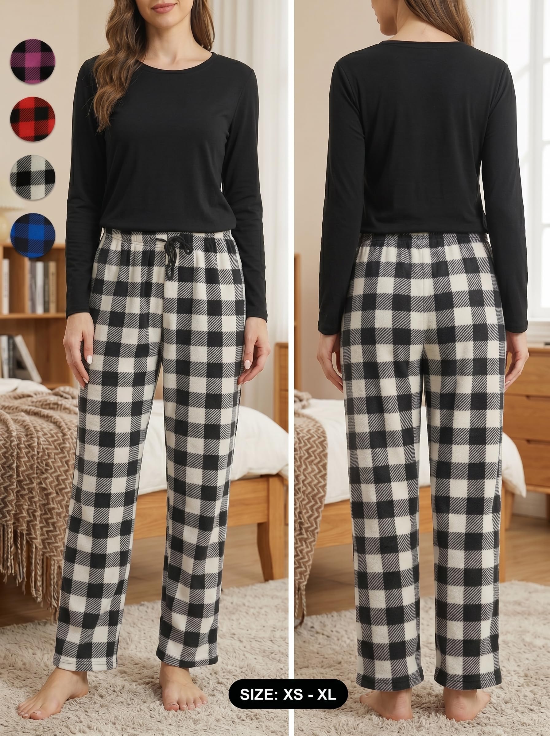 YUSHOW Damskie spodnie wypoczynkowe z miękkiego polaru w kratkę spodnie piżamowe dla kobiet