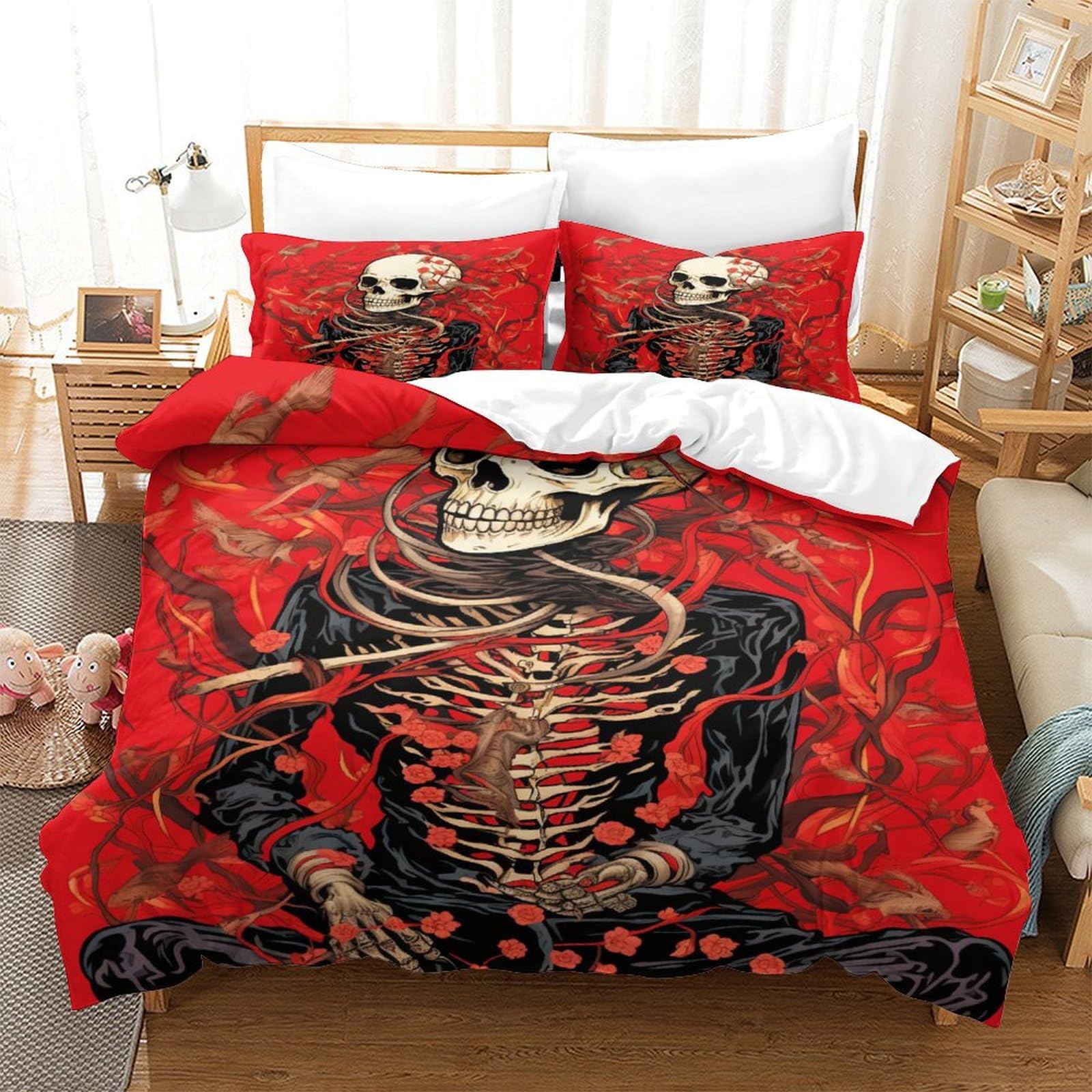 P1S9U7W5Y 3D Printed Skeleton Red Duvet Cover Set 3pcs Microfiber Gothic Bedding Set King