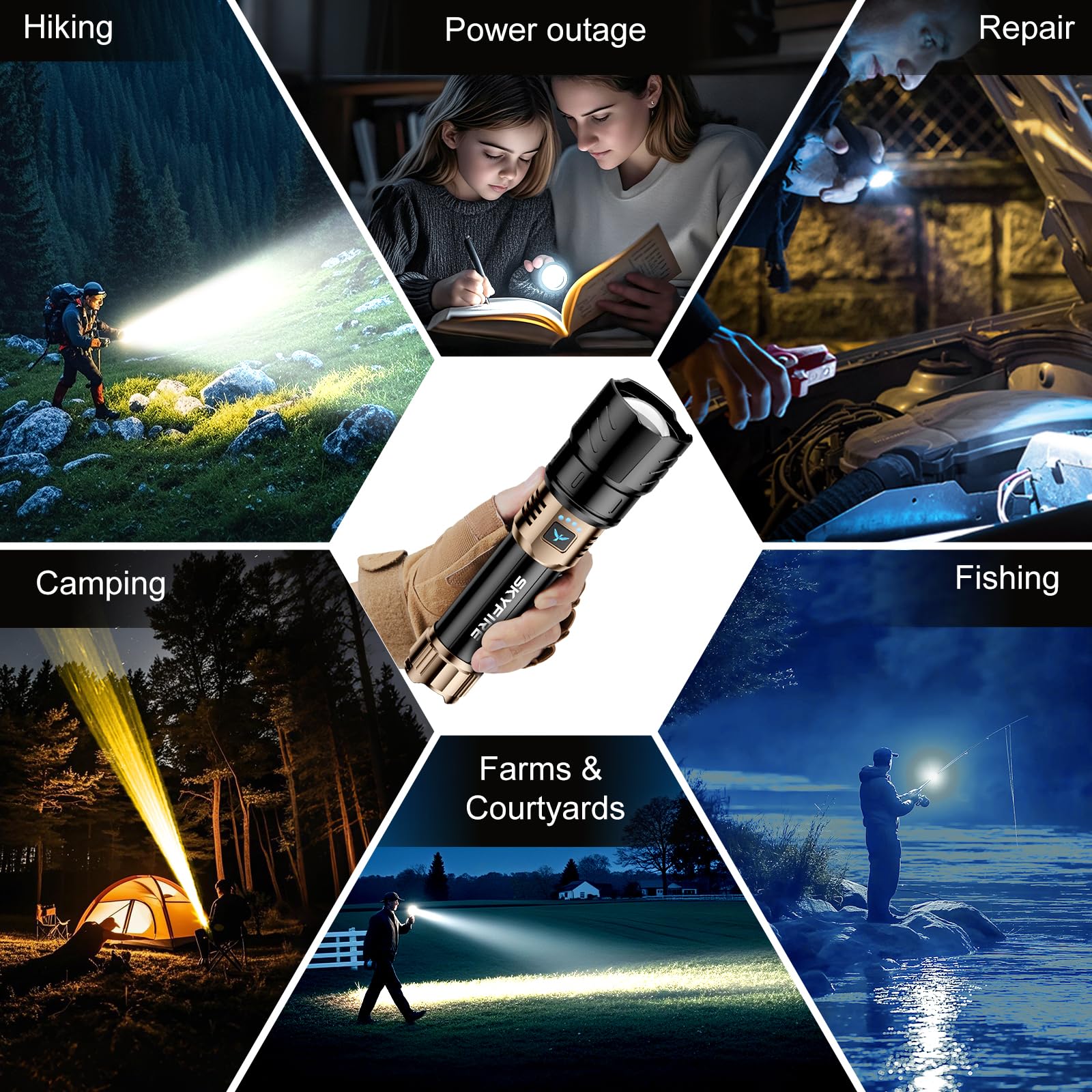 SKYFIRE Linternas LED Alta Potencia Recargable, Linterna Potente 900000 Lumen con Lente de Encendido & 3 Filtros, 10000mAh Zoomable USB-C 4 Modos IPX6 Impermeable, para Camping Montaña Regalo
