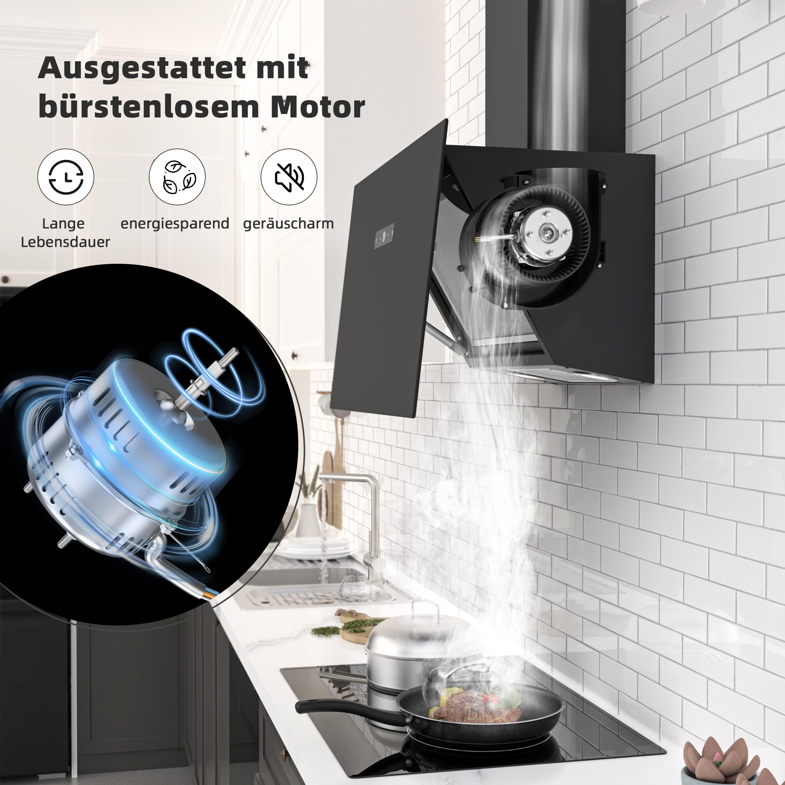 FIREGAS Dunstabzugshaube 60 cm Bürstenloser Motor Schwarz Glas 571m³/h TouchControl 9 Stufen Umluft Abluft