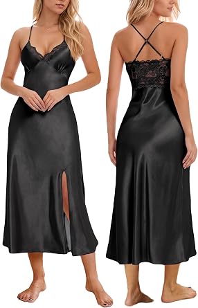 ALCEA ROSEA Women Silk Satin Nightgown Sexy Lace Chemise Lingerie Long Sleepdress for Ladies Sleepwear Slip Negligee