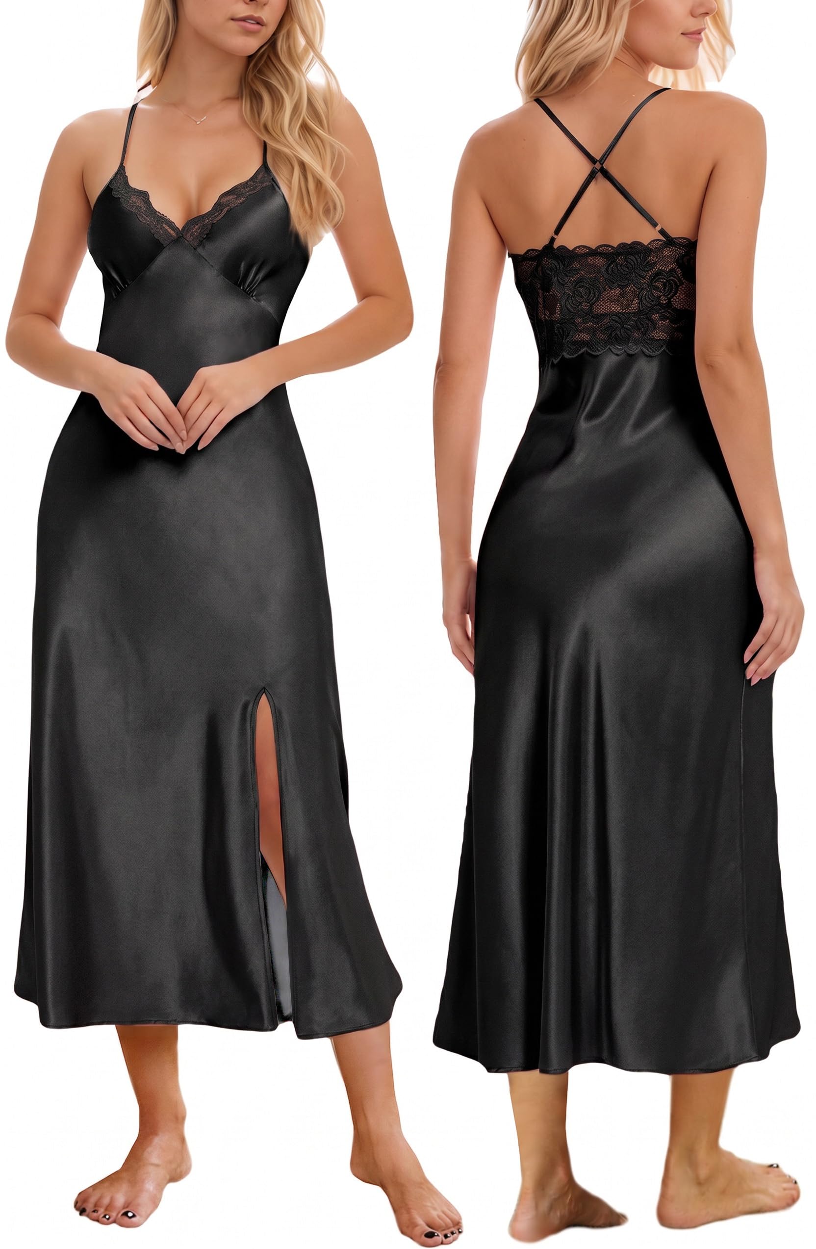ALCEA ROSEA Women Silk Satin Nightgown with Lace