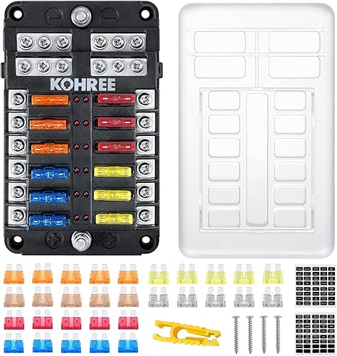 Kohree - Bloque de fusibles de hoja de 12 vías de 12 V, soporte de caja de fusibles automotriz de 12 voltios, impermeable con indicador LED de panel