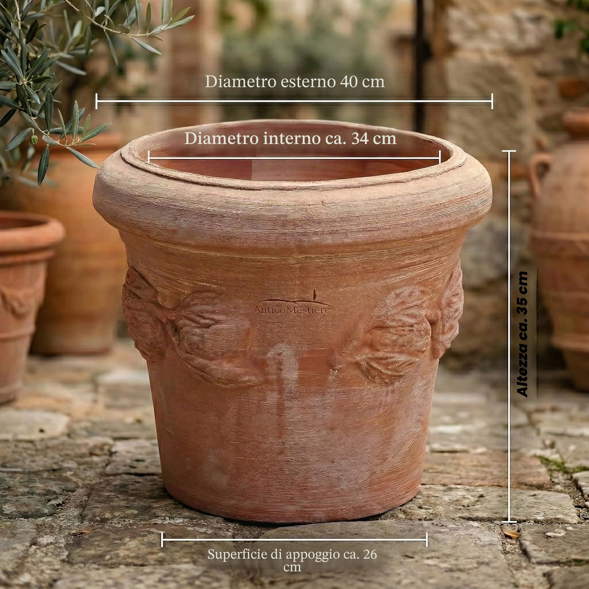 Teramico Vaso da fiori in terracotta italiana Conca Limoni con piatto/sottovaso per interni ed esterni (40 cm)