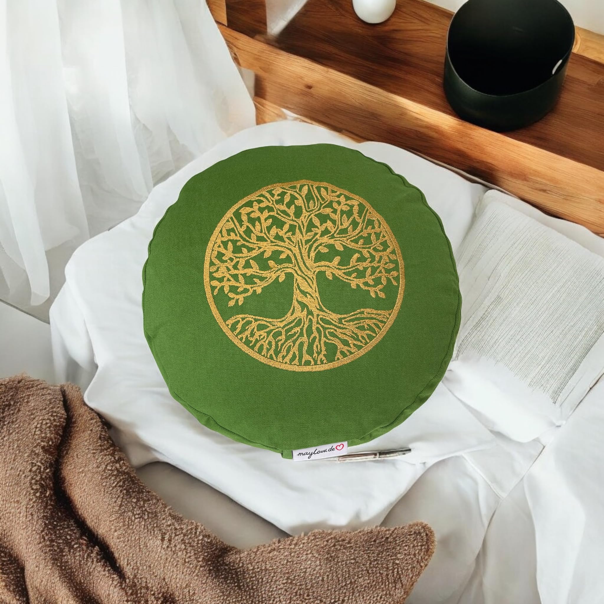 Cuscino Meditazione Yoga - Ricamo Albero Della Vita - Riempito Con Farro - 33x15cm - Cotone 100% - Foto 7