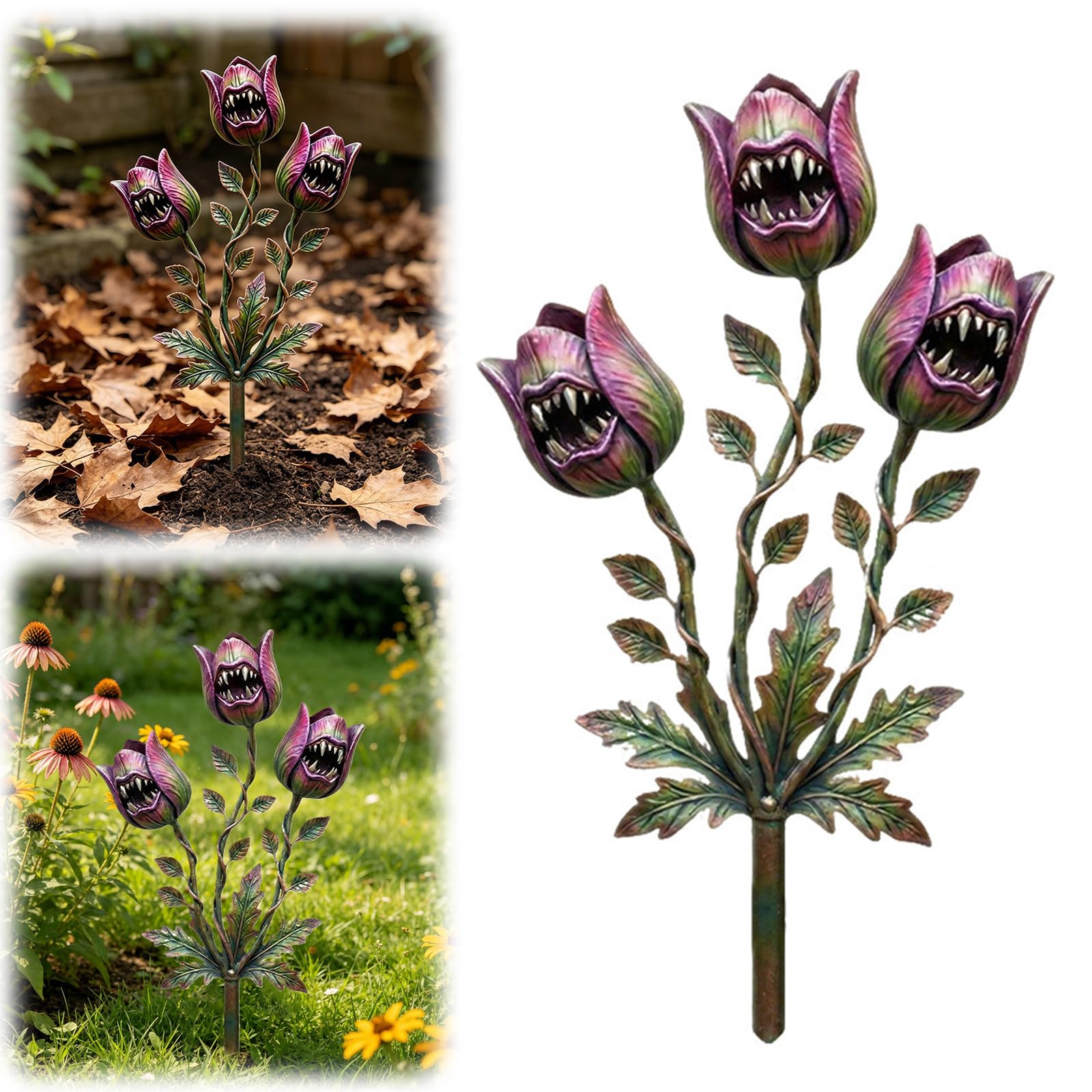 2D Flat Whimsical Metal Carnivorous Plant Garden Stake, 2026 Upgrade Handmade Iron Flytrap Mon-ster Plant Sculpture, Quirky Outdoor Decor Stake for Lawn Garden Patio Yard